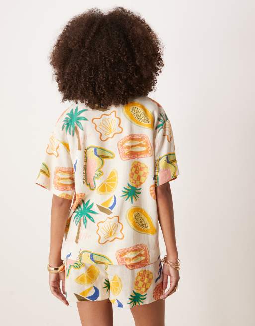 ASOS DESIGN linen blend short sleeve co-ord shirt in tropical print