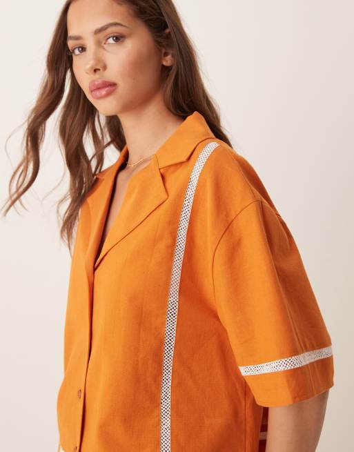 ASOS DESIGN linen blend short sleeve shirt with contrast trim co-ord in terracotta, 4 of 4