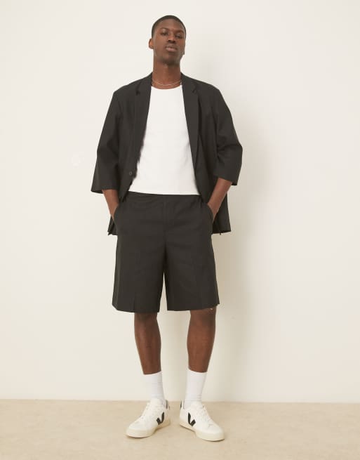 ASOS DESIGN linen blend shorter sleeve suit in black