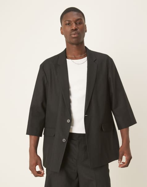 ASOS DESIGN linen blend shorter sleeve suit jacket in black - view 1