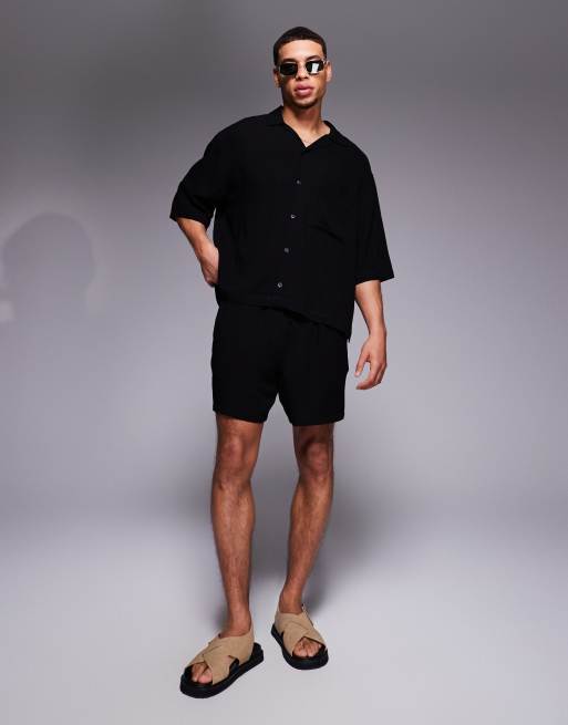 ASOS DESIGN linen blend shorts in mid length in black