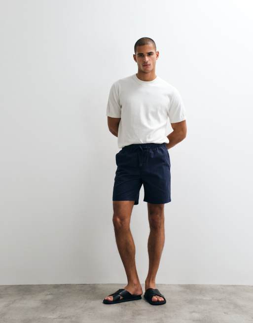 ASOS DESIGN linen blend shorts in short length in navy, 3 of 5