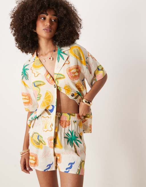 ASOS DESIGN linen blend shorts in tropical print - part of a set