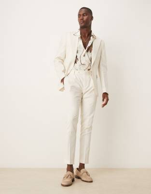 ASOS DESIGN linen blend skinny suit chino pants in cream-White