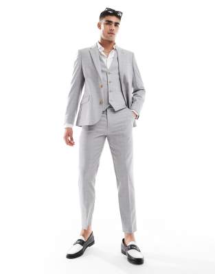asos ASOS DESIGN linen blend skinny suit in grey tonal check