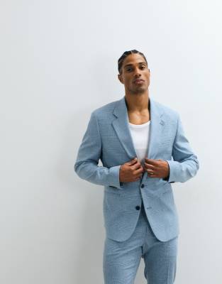 Asos Design Linen Blend Skinny Suit Jacket In Blue