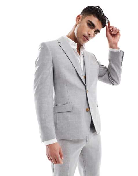 ASOS DESIGN linen blend skinny suit jacket in grey tonal check - view 1