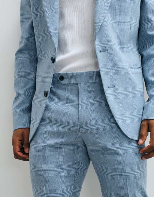 ASOS DESIGN linen blend skinny suit pants in blue grid check, 2 of 5