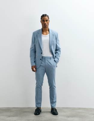 Asos Design Linen Blend Skinny Suit Pants In Blue