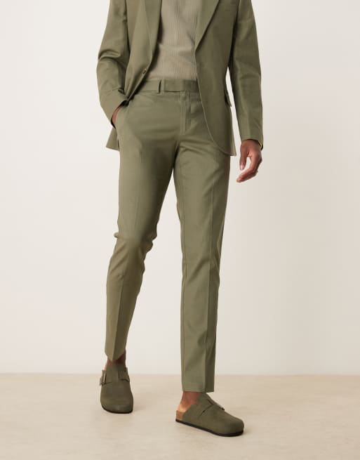 ASOS DESIGN linen blend skinny suit pants in olive