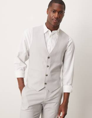 linen blend skinny suit vest in gray