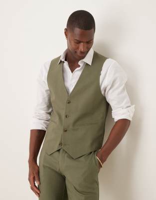 Asos Design Linen Blend Skinny Suit Vest In Green