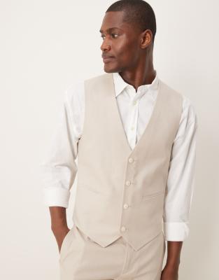 linen blend skinny suit vest in stone-Neutral