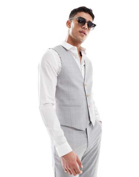 ASOS DESIGN linen blend skinny suit waistcoat in grey tonal check - view 1