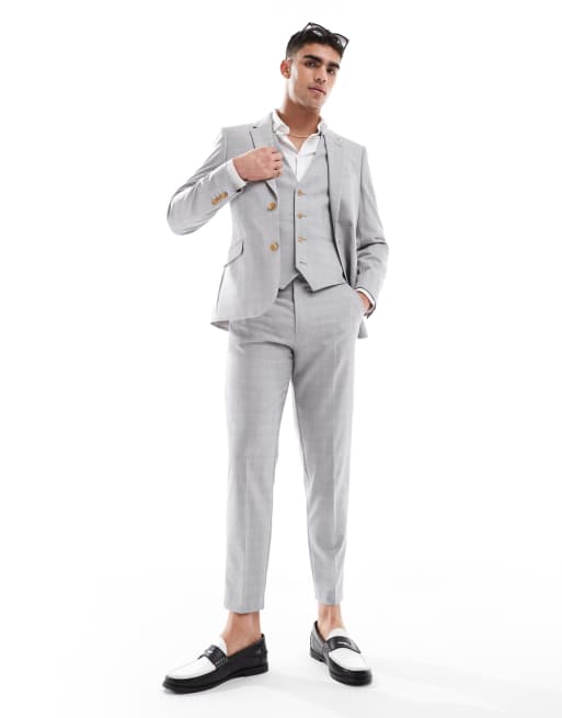 ASOS DESIGN linen blend skinny suit waistcoat in grey tonal check, 5 of 5