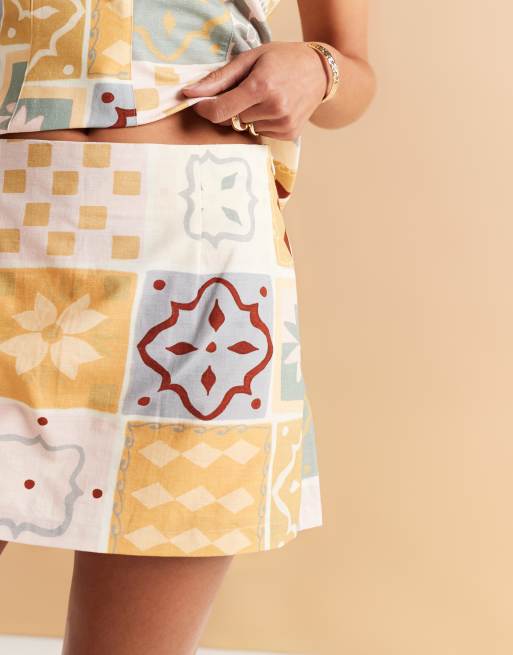 ASOS DESIGN linen blend skort in tile print - part of a set