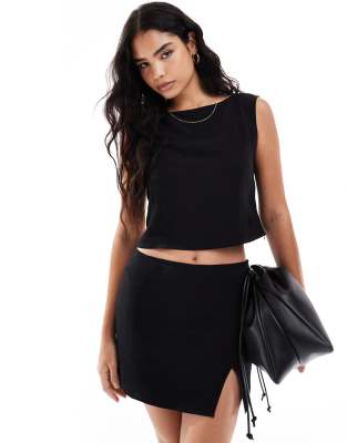 Asos Design Linen Blend Slash Neck Fitted Top In Black - Part Of A Set