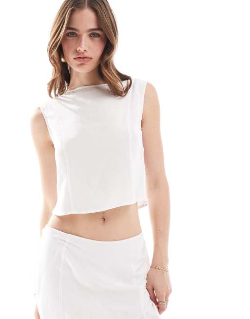 ASOS DESIGN linen blend slash neck fitted top in ivory - part of a set