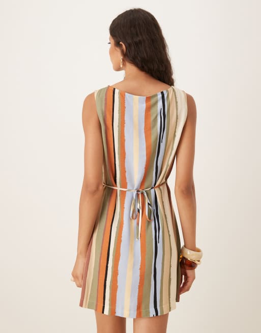 ASOS DESIGN linen blend slash neck mini dress in multi colour stripe