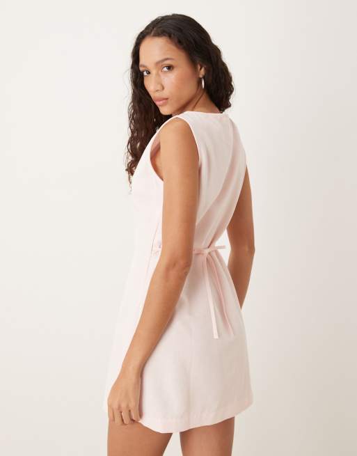 ASOS DESIGN linen blend slash neck mini dress in pink