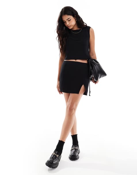 ASOS DESIGN linen blend slash neck top and mini skirt co ord in black - view 1