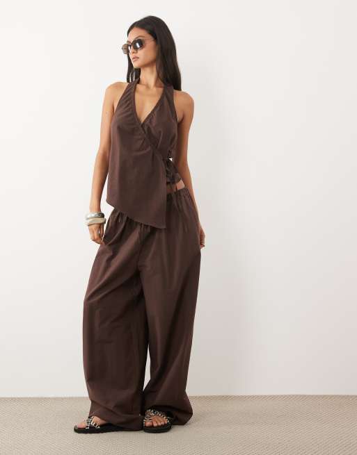 ASOS DESIGN linen blend sleeveless top in chocolate (part of a set), 3 of 4