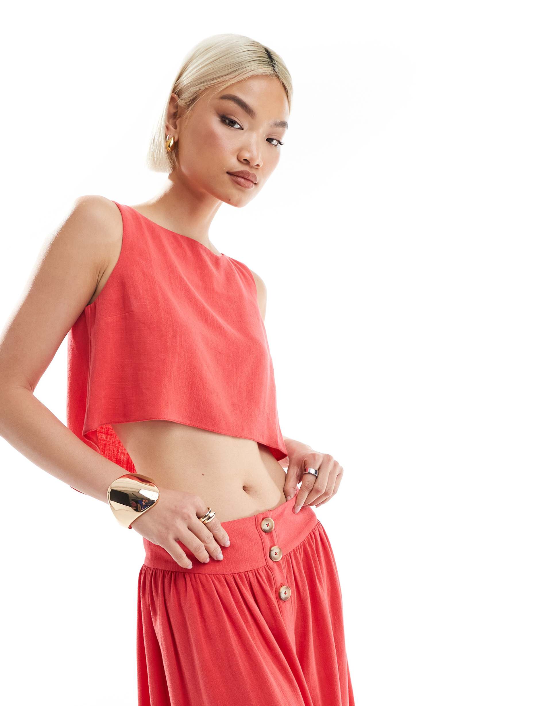 asos design linen blend sleeveless top in coral - part of a set