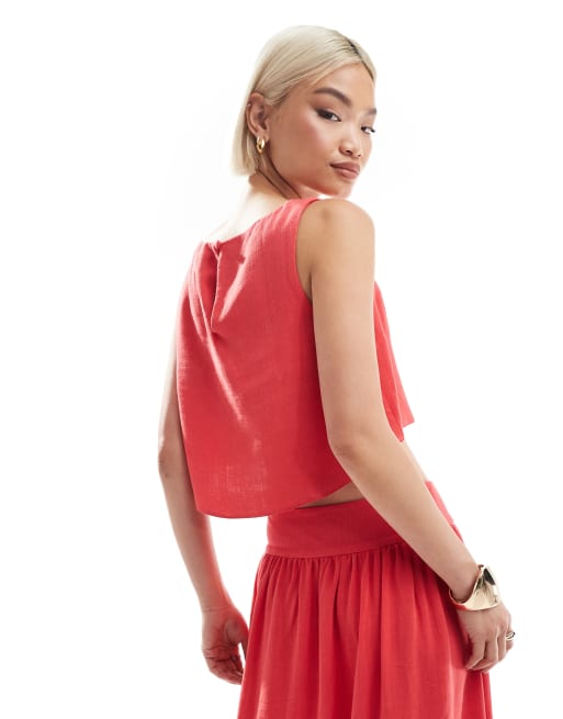 ASOS DESIGN linen blend sleeveless top in coral - part of a set, 4 of 4