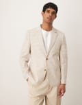 [ASOS DESIGN] ASOS DESIGN linen blend slim blazer in stone gingham check-Neutral Chest 44 Regular STONE