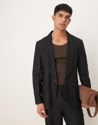 linen blend slim shawl suit jacket in black twill