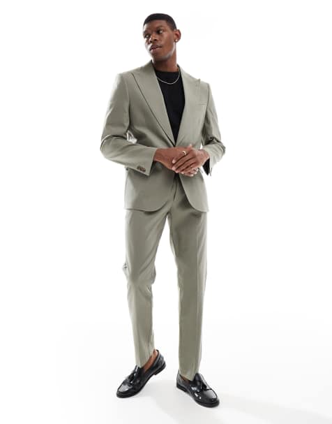 ASOS DESIGN linen blend slim suit in khaki - view 1