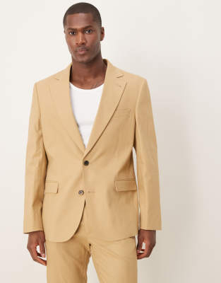 linen blend slim suit jacket in beige-Neutral