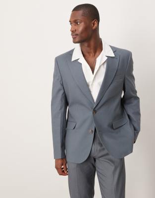 linen blend slim suit jacket in blue