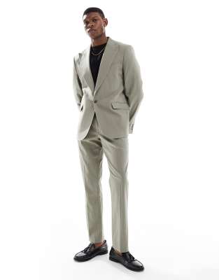 Asos Design Linen Blend Slim Suit Jacket In Khaki-green