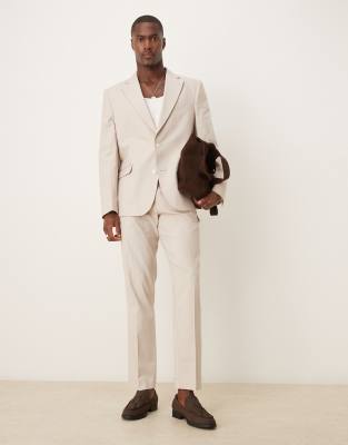 ASOS DESIGN linen blend slim suit trousers in stone-Neutral