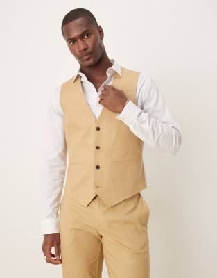 Asos Design Linen Blend Slim Suit Vest In Neutral