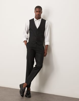 linen blend slim suit vest in black