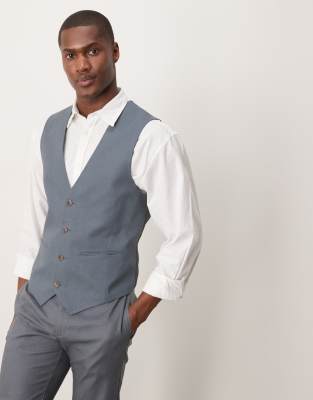 linen blend slim suit vest in blue