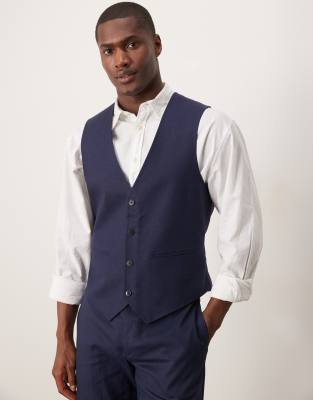 linen blend slim suit vest in navy