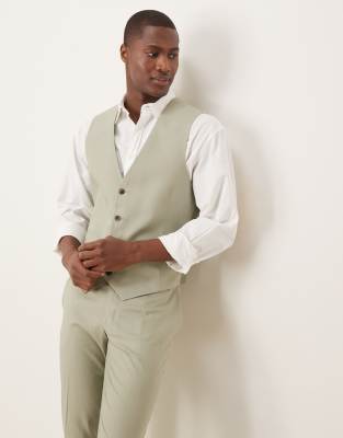 linen blend slim suit vest in sage green