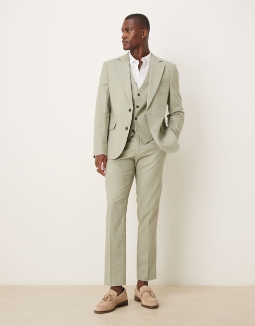 ASOS DESIGN linen blend slim suit waistcoat in sage green
