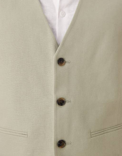ASOS DESIGN linen blend slim suit waistcoat in sage green