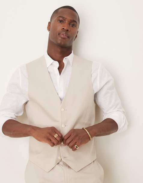 ASOS DESIGN linen blend slim suit vest in stone - view 1