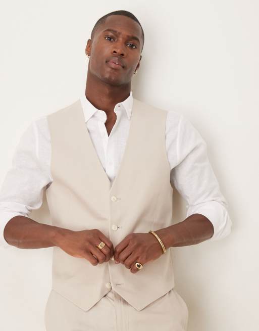 ASOS DESIGN linen blend slim suit vest in stone