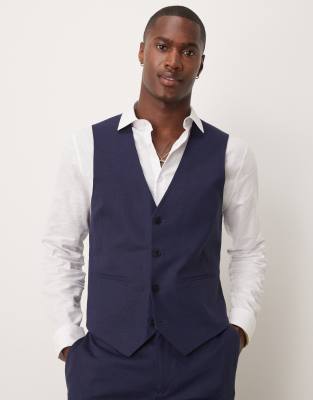 ASOS DESIGN ASOS DESIGN linen blend slim suit waistcoat in navy