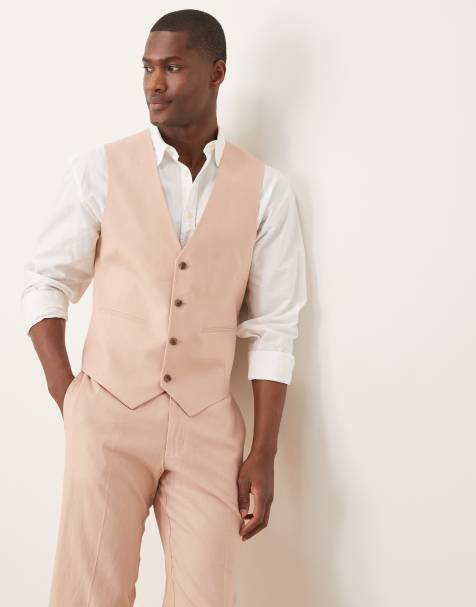 ASOS DESIGN linen blend slim suit waistcoat in pink - view 1