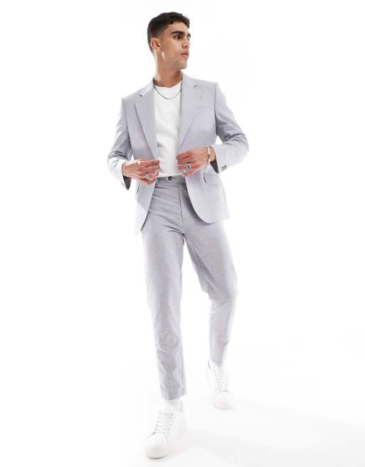 ASOS DESIGN linen-blend slim tapered suit pants in grey puppytooth