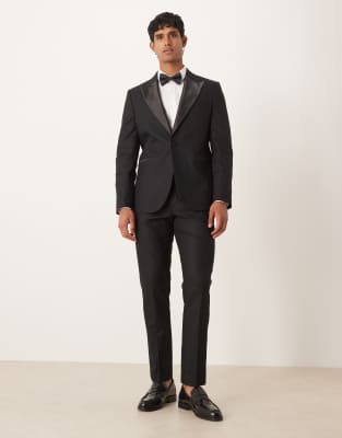 Asos Design Linen Blend Slim Tuxedo Suit Jacket In Black