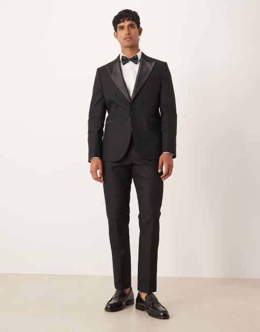 ASOS DESIGN linen blend slim tuxedo suit jacket in black