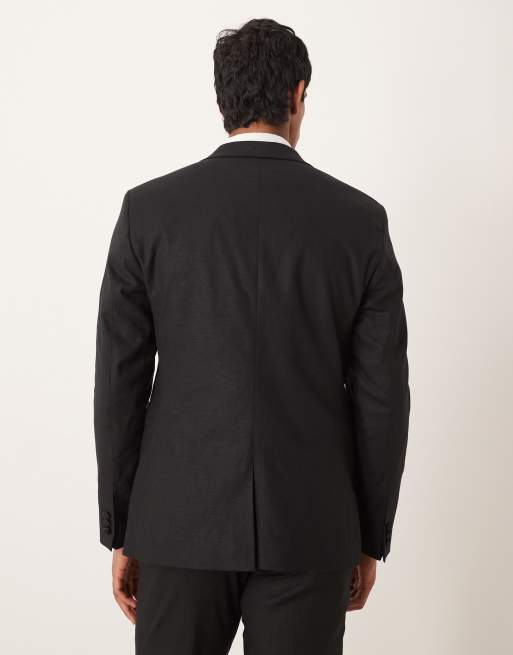 ASOS DESIGN linen blend slim tuxedo suit jacket in black, 3 of 5